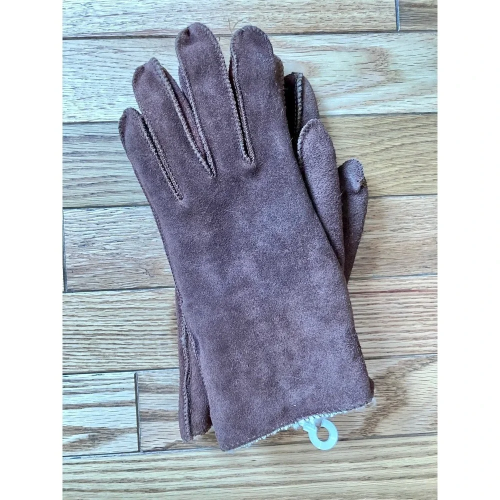 Vintage Brown Suede Gloves Sherpa Lined‎ Winter Warm Women's